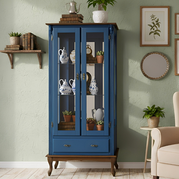 Cristaleira Rústica De Madeira 2 Portas, 1 Gaveta E Pés Luiz