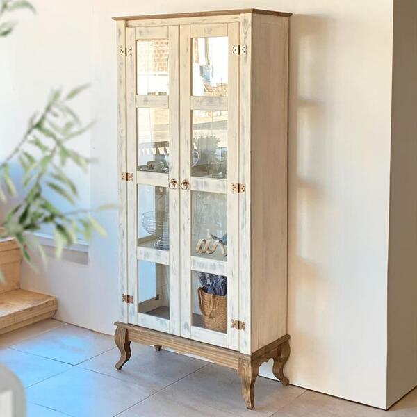 Cristaleira Rústica Madeira Maciça 2 Portas Vidro Branco Gara