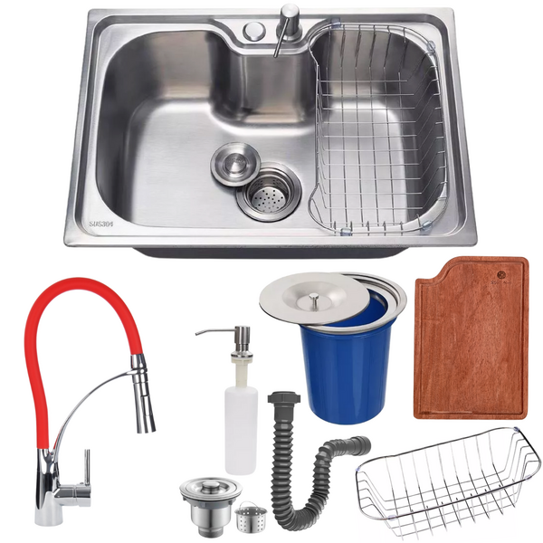 Cuba 50x40 Inox 304 Com Torneira + Tábua De Corte E Lixeira