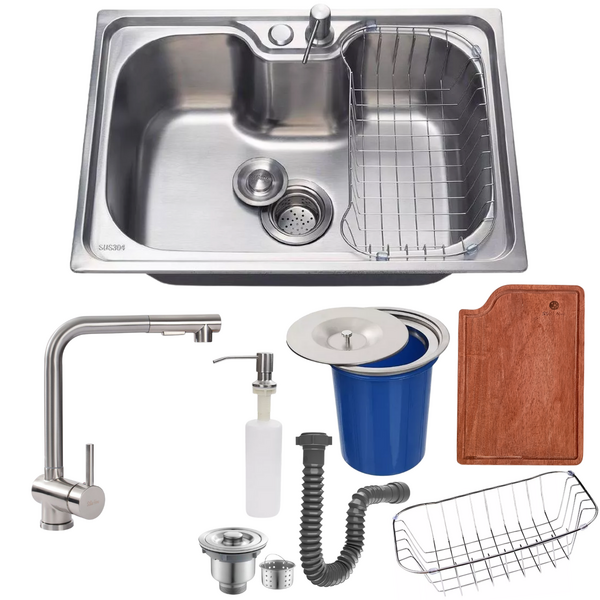 Cuba 50x40 Inox 304 Com Torneira Escovada + Tábua E Lixeira