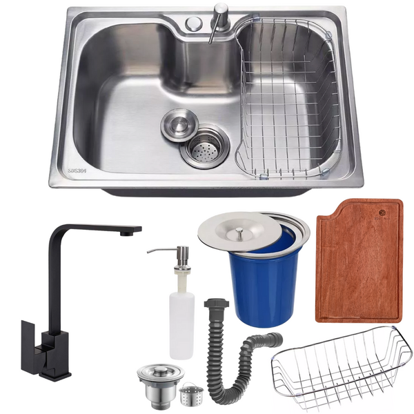 Cuba 50x40cm Inox304 Com Torneira Slim Black Tábua E Lixeira