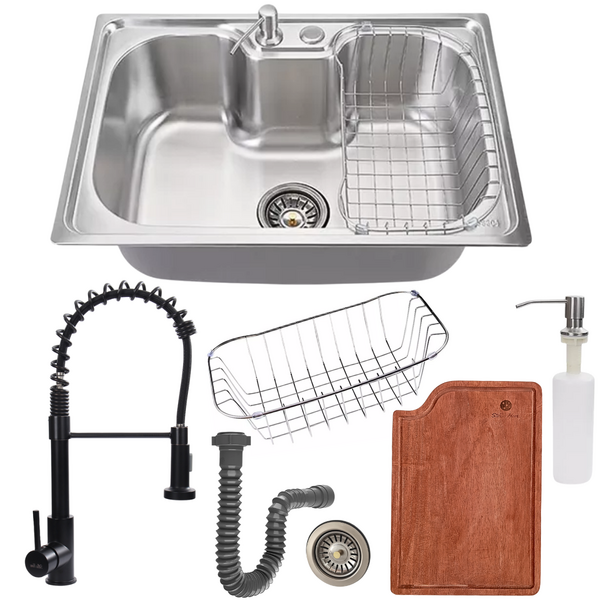 Cuba 50x40cm Inox Escovado + Torneira Gourmet Preta E Tábua