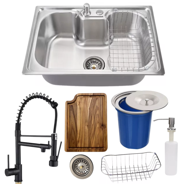 Cuba 60x42 Aço Inox Escovado +torneira Black Tábua E Lixeira