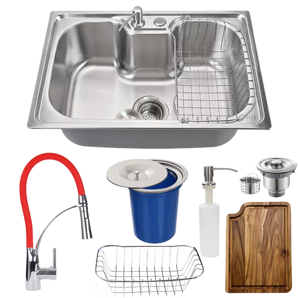 Cuba 60x42 Inox 304 Com Torneira + Tábua De Corte E Lixeira