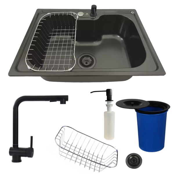 Cuba 60x42 Inox Black + Torneira Extensível Preta E Lixeira