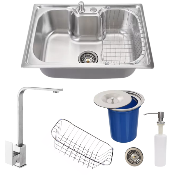 Cuba 60x42cm Aço Inox Escovado + Torneira Escovada E Lixeira