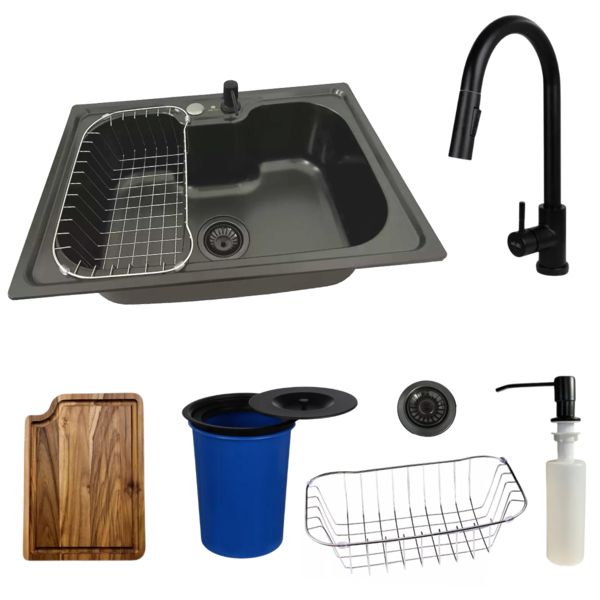 Cuba 60x42cm Inox Black Com Torneira Touch + Lixeira E Tábua