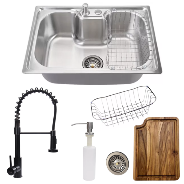 Cuba 60x42cm Inox Escovado + Tábua E Torneira Gourmet Preta