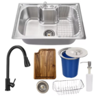 Cuba 60x42cm Inox Escovado + Torneira Black Tábua E Lixeira