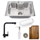 Cuba 60x42cm Inox Escovado + Torneira Gourmet Preta E Tábua