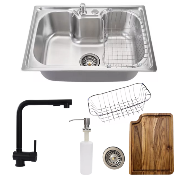 Cuba 60x42cm Inox Escovado + Torneira Gourmet Preta E Tábua