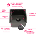 Cuba Aço Inox 304 Preta Black 44x38 cm Moderna com Válvula In