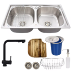 Cuba Aço Inox Escovado Dupla +Torneira Preta Tábua E Lixeira