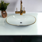 Cuba Banheiro Sobrepor Ceramica Apoio Branca Detalhe Dourado