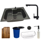 Cuba Black Cozinha 60x42cm + Torneira Preta Tábua E Lixeira