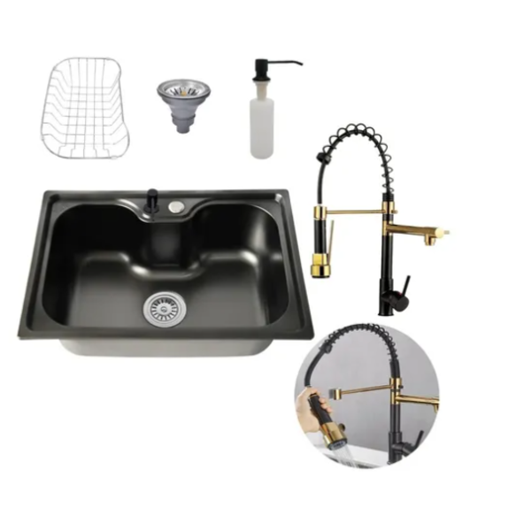 Cuba Cozinha Gourmet Aço Inox Luxo Preto + Torneira Flexível