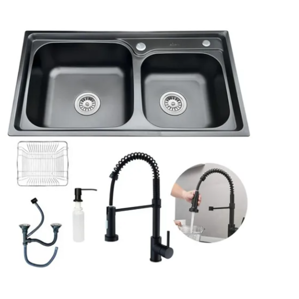 Cuba Cozinha Gourmet Pia Dupla Inox Preta Torneira Flexivel