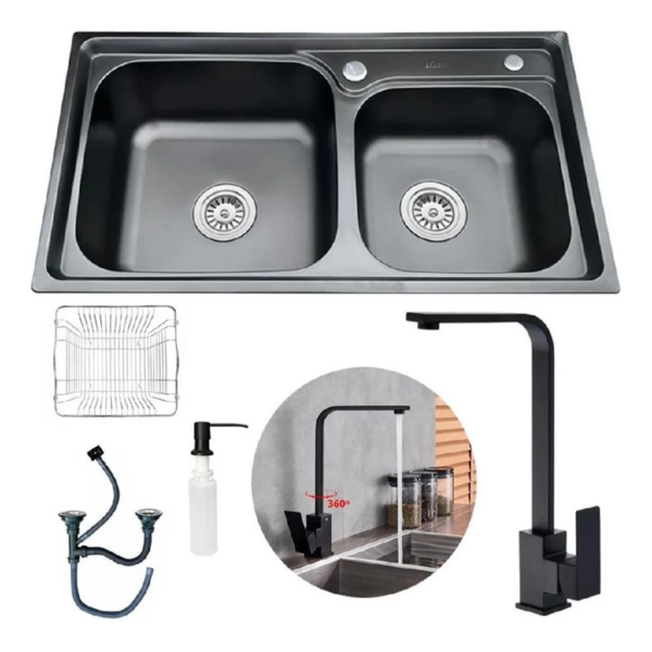 Cuba Cozinha Gourmet Pia Dupla Preta Acessórios + Torneira