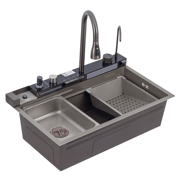 Cuba para Cozinha Gourmet Sobrepor Inox Cinza 201 75x50x20,5cm com Torneira, Lavador de Copos e Dosador de Sabão Kokay