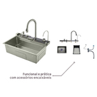 Cuba para Cozinha Gourmet Sobrepor Inox Prata 201 75x50x20,5cm com Torneira, Lavador de Copos e Dosador de Sabão Kokay