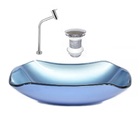 Cuba De Vidro Abaulada 45cm Azul + Valvula + Torneira