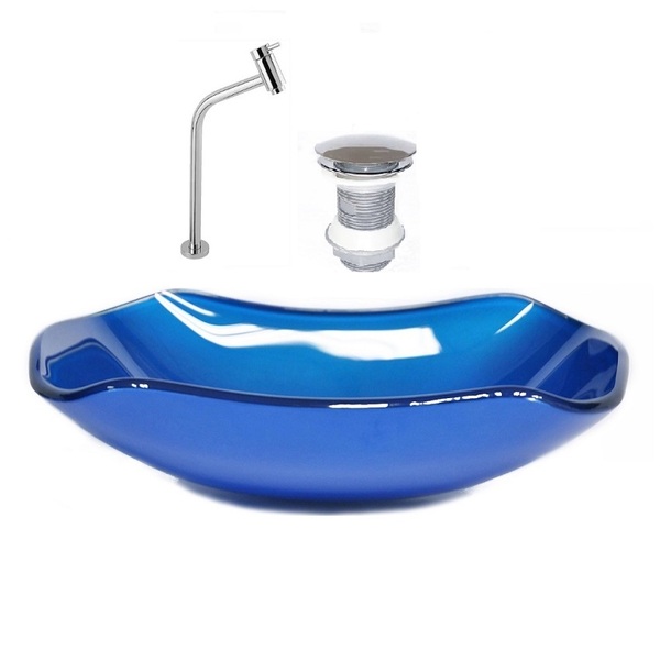 Cuba De Vidro Abaulada 45cm Azul Escuro + Valvula + Torneira