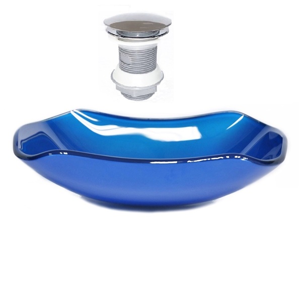 Cuba De Vidro Abaulada 45cm Azul Escuro + Valvula Click