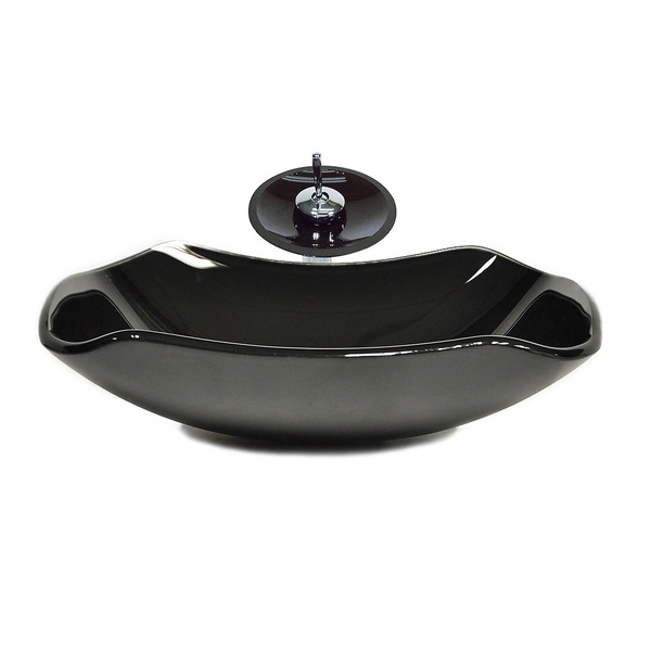 Cuba De Vidro Abaulada 45cm Preto + Valvula + Torneira Cascata