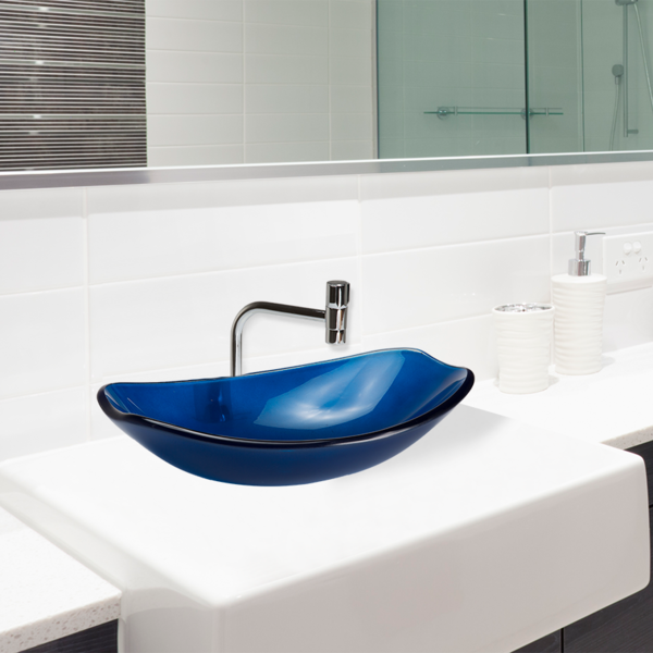 Cuba de Vidro Canoa Azul com Válvula Click, Sifão e Torneira