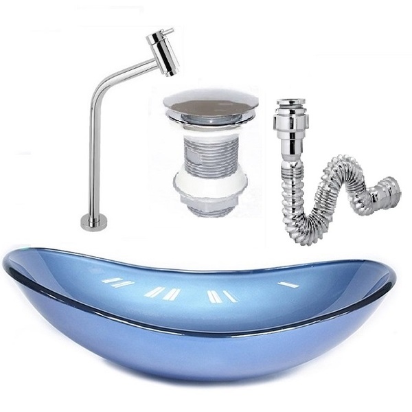 Cuba De Vidro Oval 47cm Azul + Válvula Click + Torneira De Me