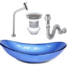 Cuba De Vidro Oval 47cm Azul Escuro + Válvula Click + Torneir