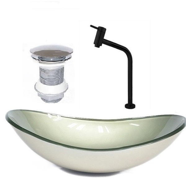 Cuba De Vidro Oval 47cm Champanhe + Valvula + Torneira  Preta