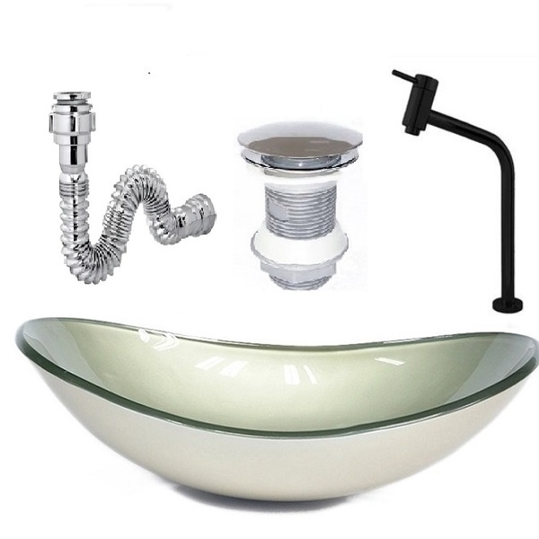 Cuba De Vidro Oval 47cm Champanhe + Valvula + Torneira  Preta