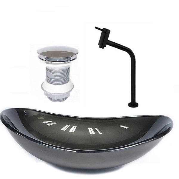 Cuba De Vidro Oval 47cm Grafite + Valvula + Torneira  Preta