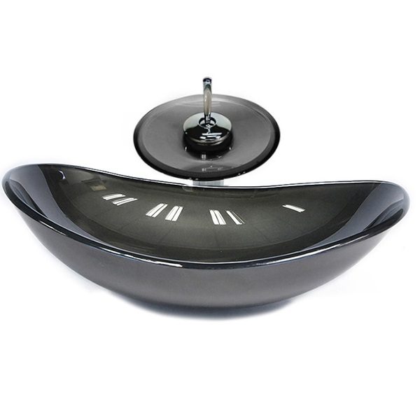 Cuba De Vidro Oval 47cm Grafite + Valvula + Torneira Cascata