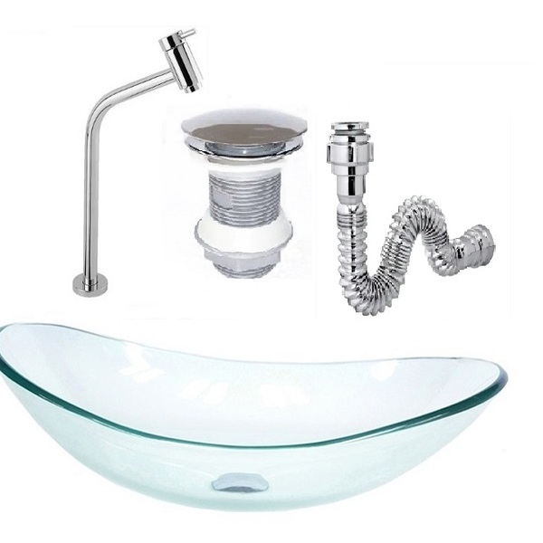 Cuba De Vidro Oval 47cm Jateada + Válvula Click + Torneira De