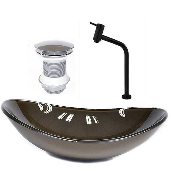 Cuba De Vidro Oval 47cm Marrom + Valvula + Torneira  Preta