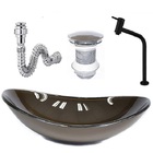 Cuba De Vidro Oval 47cm Marrom + Valvula + Torneira  Preta +