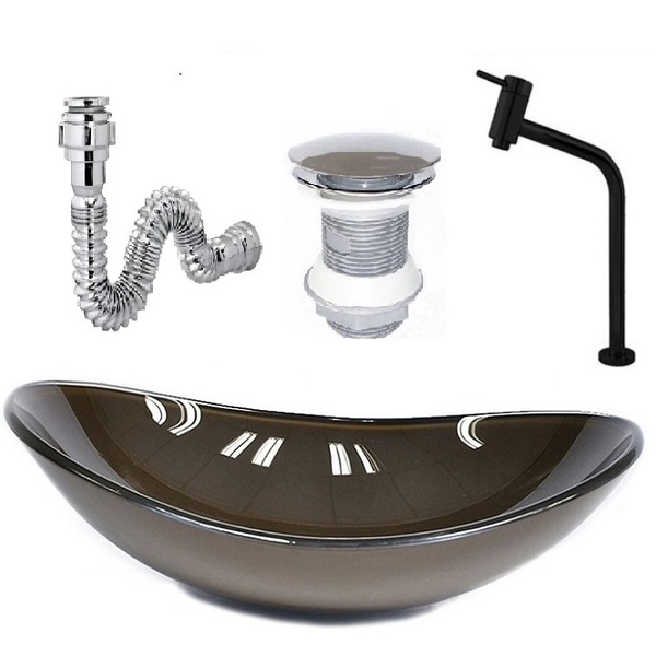 Cuba De Vidro Oval 47cm Marrom + Valvula + Torneira  Preta +