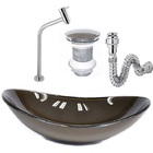 Cuba De Vidro Oval 47cm Marrom + Válvula Click + Torneira De