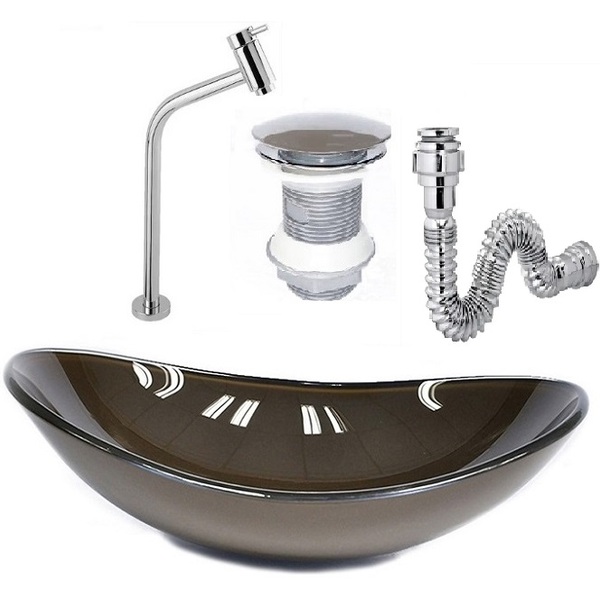 Cuba De Vidro Oval 47cm Marrom + Válvula Click + Torneira De