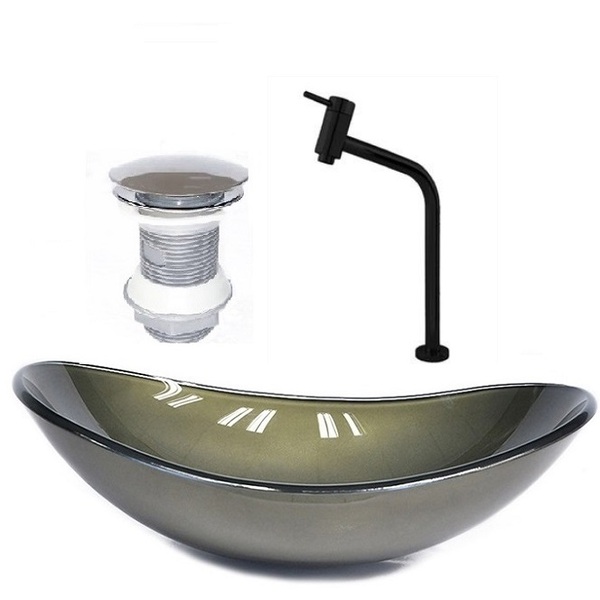 Cuba De Vidro Oval 47cm Ouro Envelhecido + Valvula + Torneira