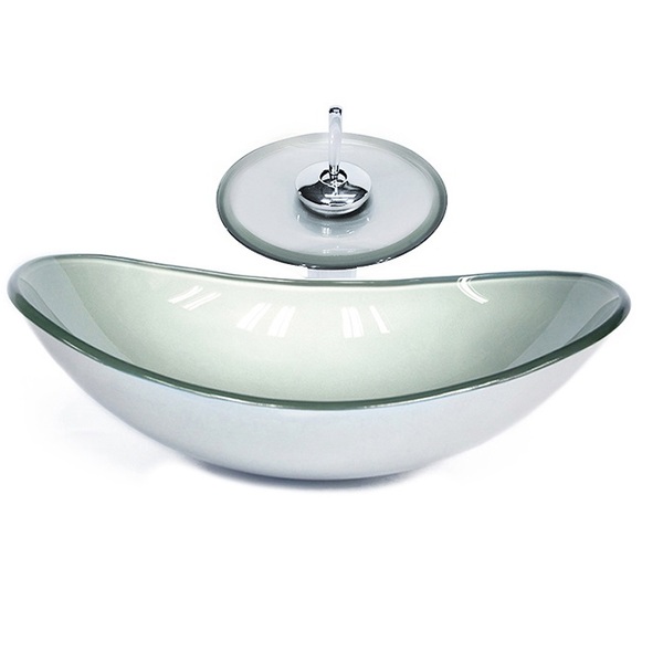 Cuba De Vidro Oval 47cm Prata + Valvula + Torneira Cascata