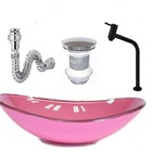 Cuba De Vidro Oval 47cm Rosa + Valvula + Torneira  Preta + Si