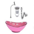 Cuba De Vidro Oval 47cm Rosa + Válvula Click + Torneira De Me