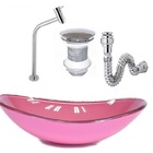 Cuba De Vidro Oval 47cm Rosa + Válvula Click + Torneira De Me