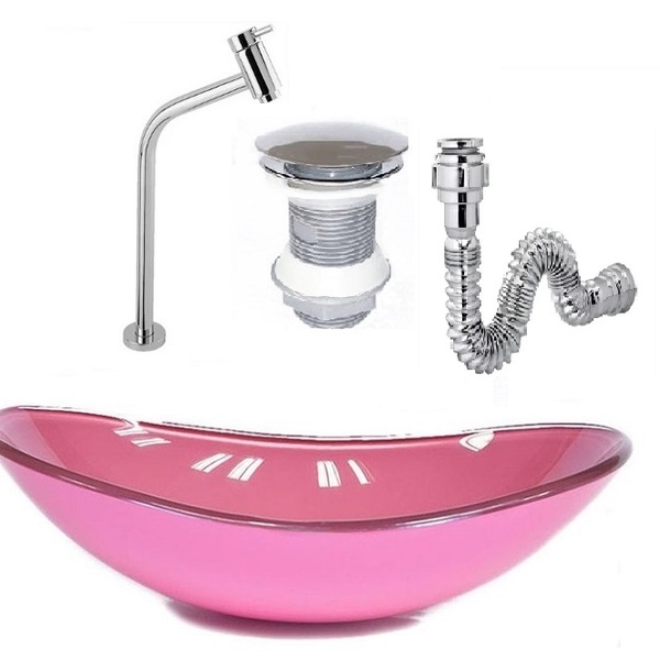 Cuba De Vidro Oval 47cm Rosa + Válvula Click + Torneira De Me