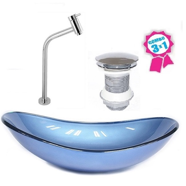 Cuba De Vidro Oval 55cm  Azul + Valvula Click + Torneira Metal
