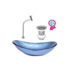 Cuba De Vidro Oval 55cm  Azul + Valvula Click + Torneira Metal