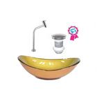 Cuba De Vidro Oval 55cm  Dourado Real + Valvula Click + Torne